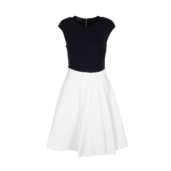 Ted Baker Navy Ivory White Cap Sleeve Midi Dress Pleated Skirt - Ted Sz 1 US 0-2 - Picture 1 of 16